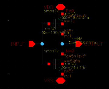 Figure 19 CMOS inverter with the annotated parasitic capacitance.